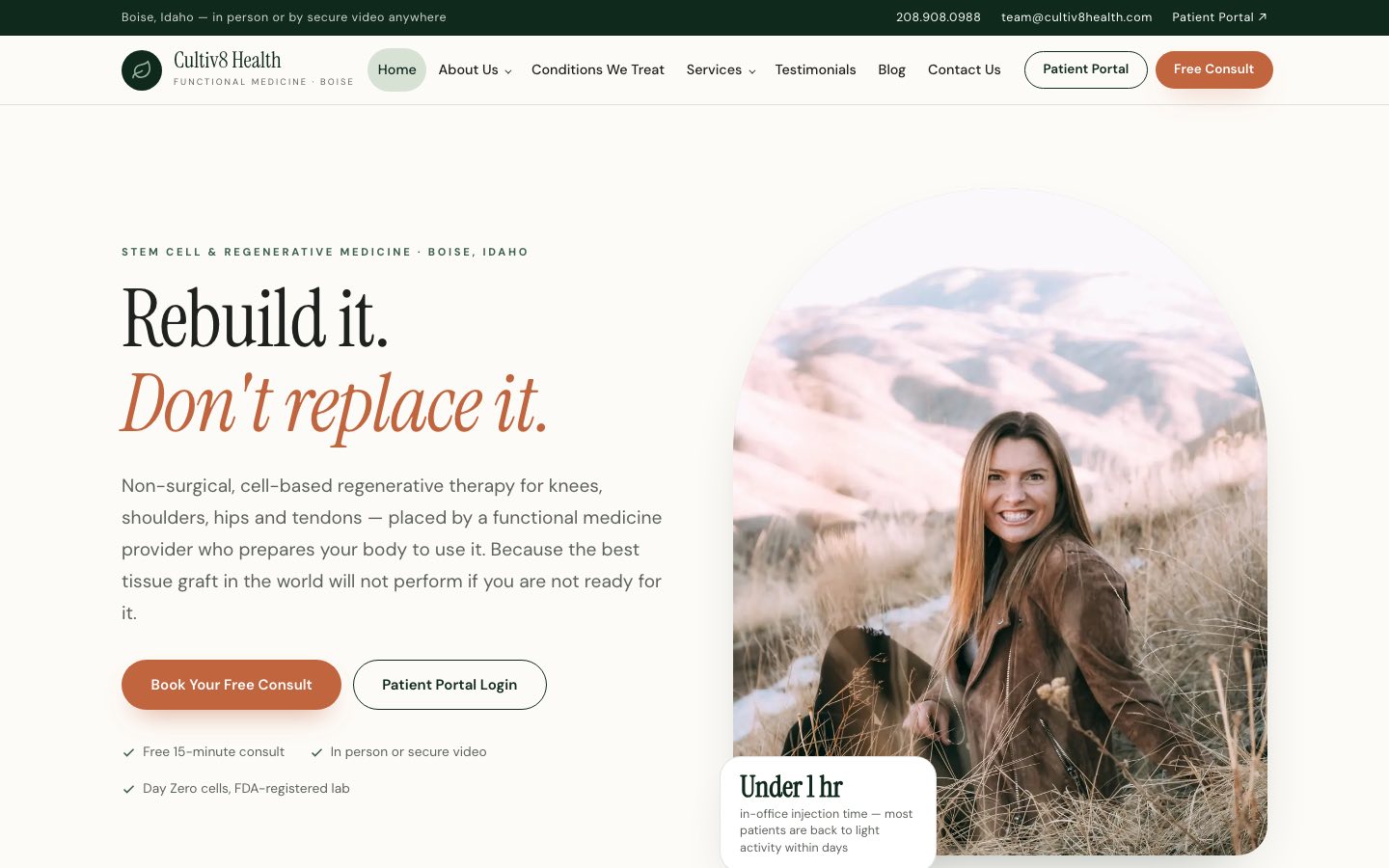 Cultiv8 Health stem cell and regenerative medicine website homepage designed by Think Bullish
