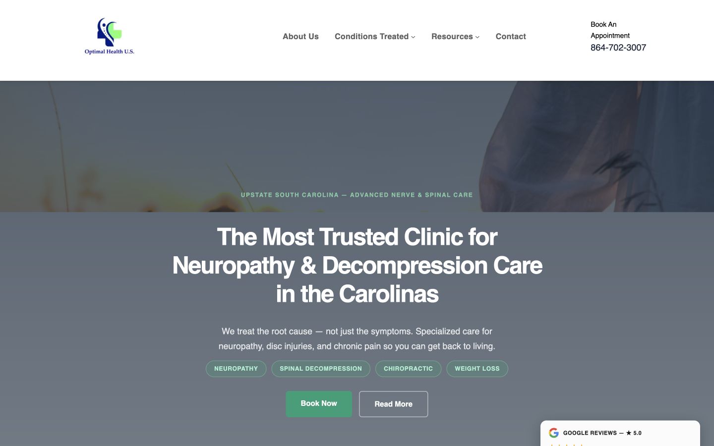 Optimal Health U.S. neuropathy and spinal decompression website homepage designed by Think Bullish