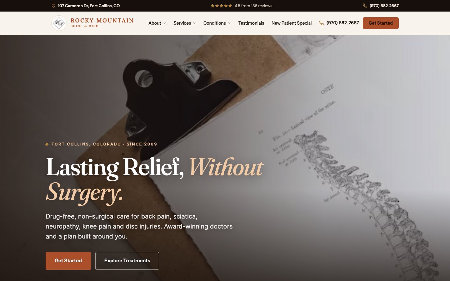 Rocky Mountain Spine & Disc non-surgical spine and disc website homepage designed by Think Bullish