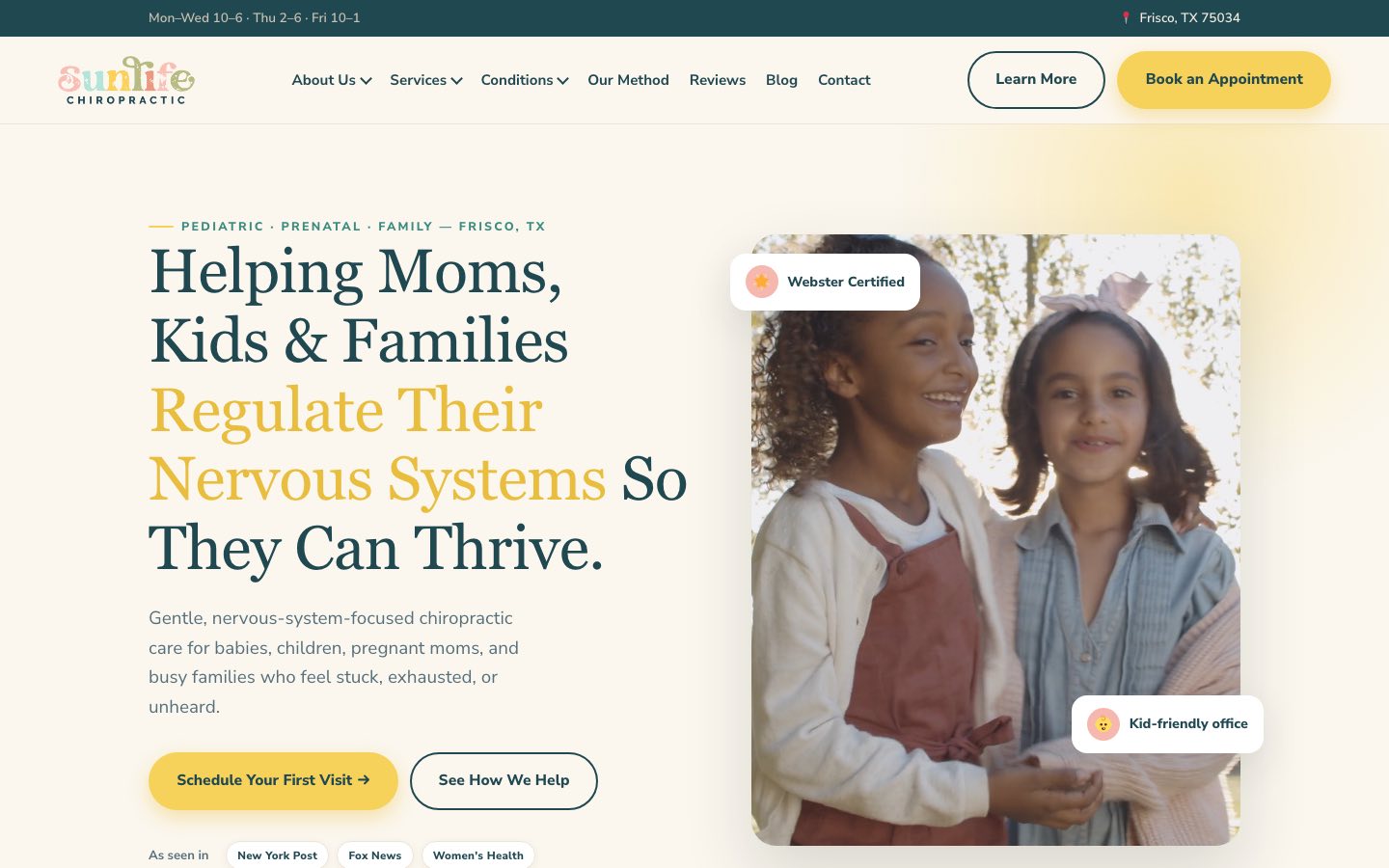 Sun Life Chiropractic pediatric, prenatal, and family chiropractic website homepage designed by Think Bullish